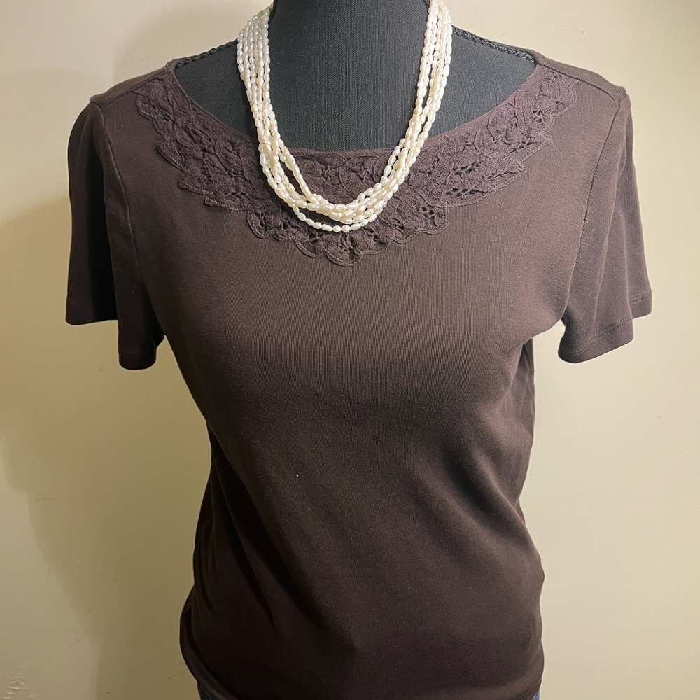 Lauren Ralph Lauren Lace-Trim Short Sleeve Top in Brown